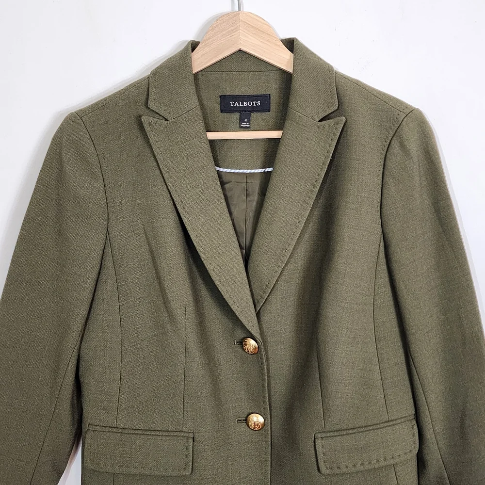 EUC Talbots Olive Green Wool Blend Fitted Stretch Blazer Gold Button Size 4 - Picture 3 of 11